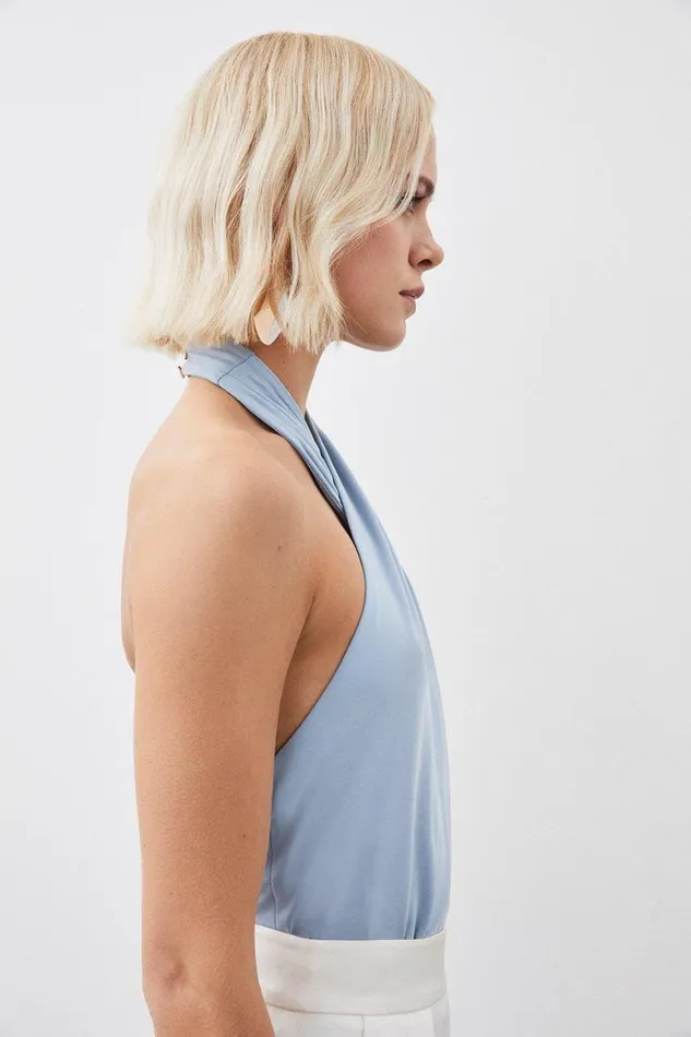 Tops Women Karen Millen Soft Touch Slinky Jersey Halter Bodysuit Blue