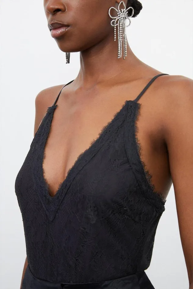Tops Women Karen Millen Strappy Lace Jersey Tie Back Bodysuit Black
