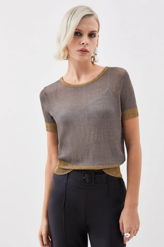 Tops Women Karen Millen The Founder Premium Metallic Sparkle Knit Top Pewter