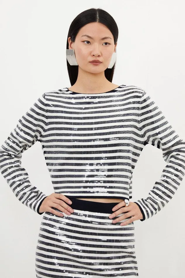 Tops Women Karen Millen Viscose Blend Sequin Knit Top Stripe