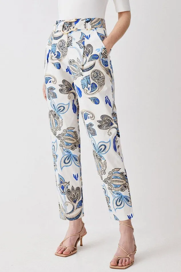Trousers Women Karen Millen Batik Print Cotton Sateen Belted Trousers Floral