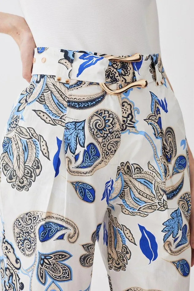 Trousers Women Karen Millen Batik Print Cotton Sateen Belted Trousers Floral