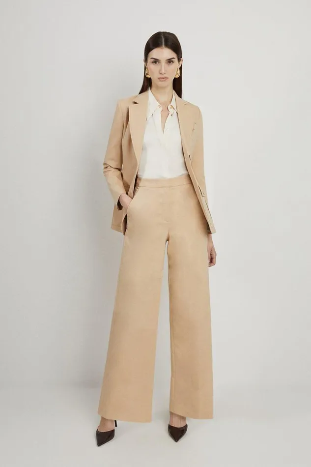 Trousers Women Karen Millen Cotton Sateen Wide Leg Tailored Trousers Stone