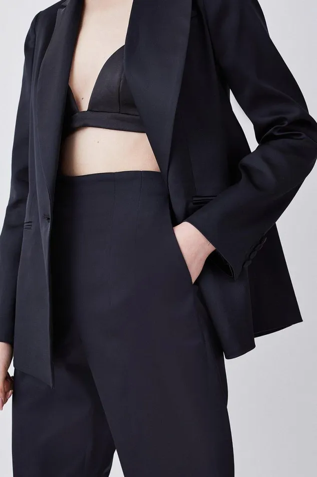 Trousers Women Karen Millen Italian Structured Satin Tailored High Waisted Trousers Black