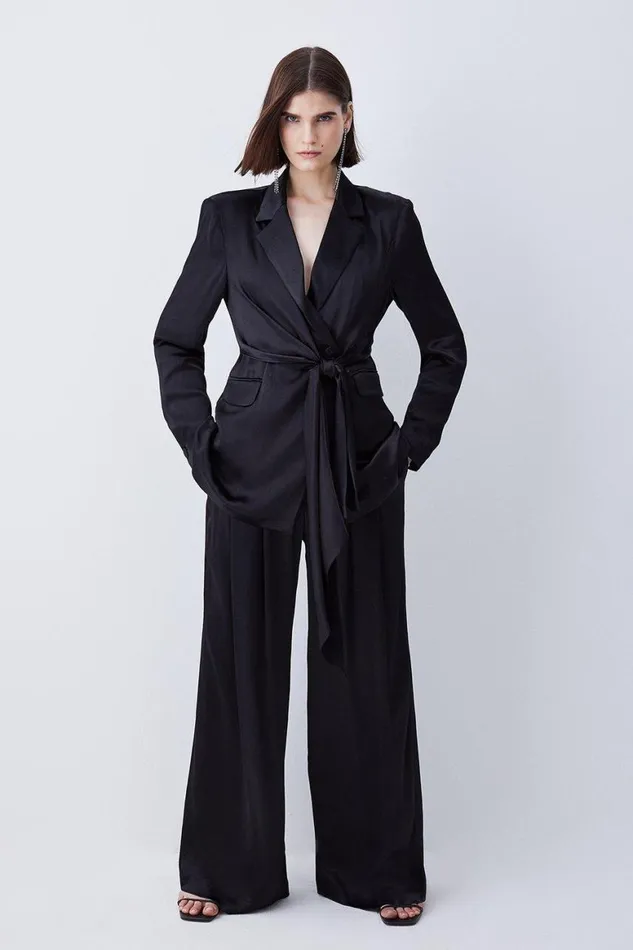 Trousers Women Karen Millen Satin Back Crepe Wide Leg Trouser Black