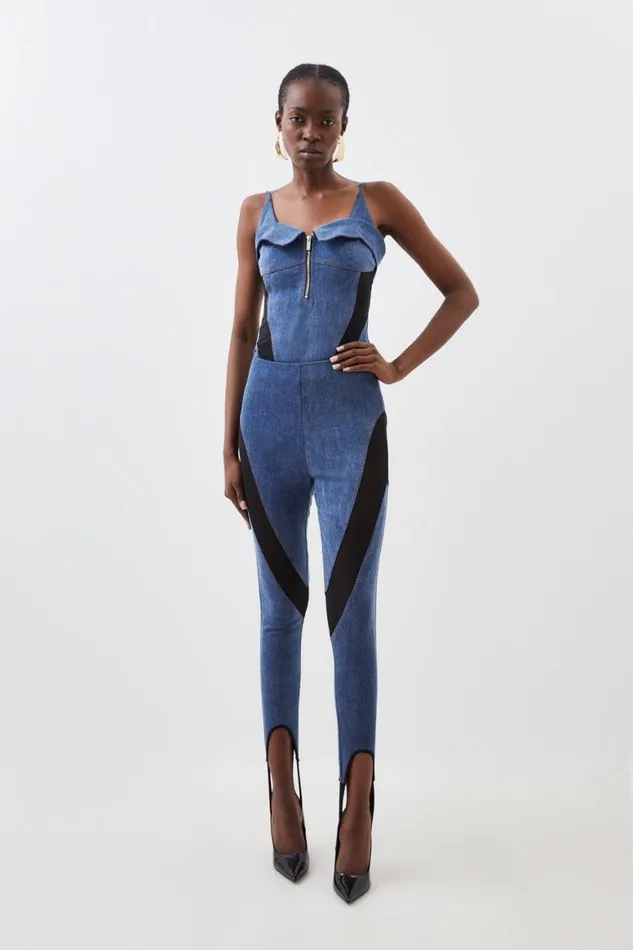 Trousers Women Karen Millen Stretch Denim And Mesh Stirrup Legging Denim