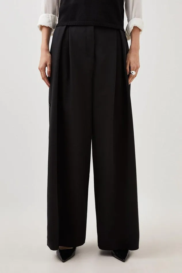 Trousers Women Karen Millen Viscose Linen Tailored Pleated Button Detail Straight Leg Trousers Black