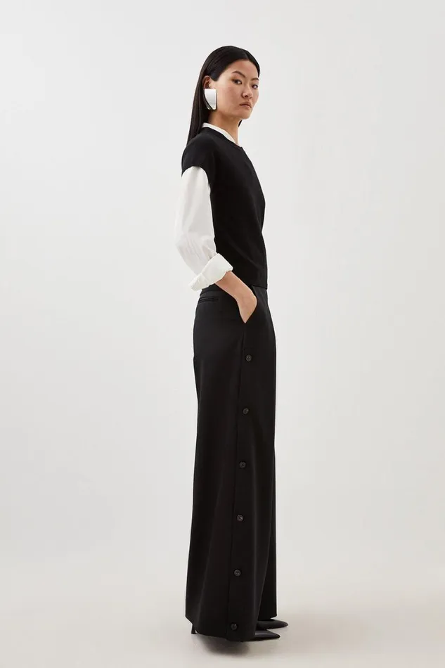 Trousers Women Karen Millen Viscose Linen Tailored Pleated Button Detail Straight Leg Trousers Black