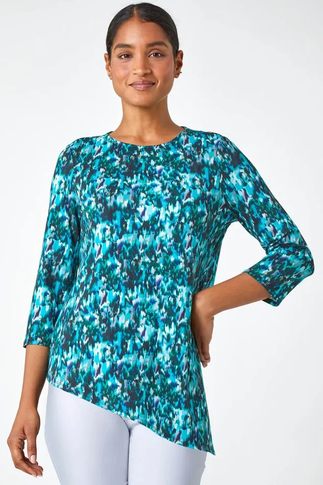Turquoise Abstract Print Asymmetric Stretch Top Women Roman Tops