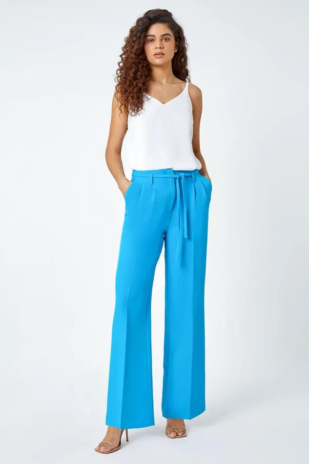 Turquoise Crepe Stretch Straight Leg Trousers Women Roman Occasionwear