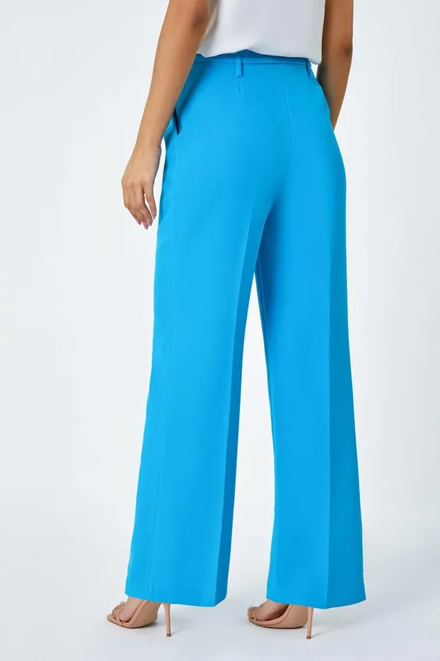 Turquoise Crepe Stretch Straight Leg Trousers Women Roman Occasionwear