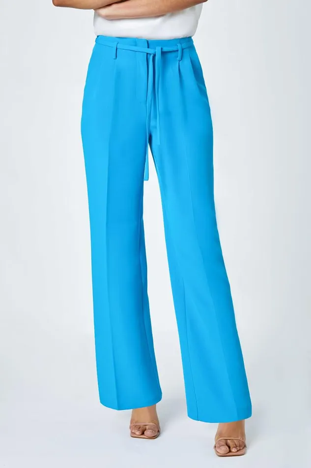 Turquoise Crepe Stretch Straight Leg Trousers Women Roman Occasionwear