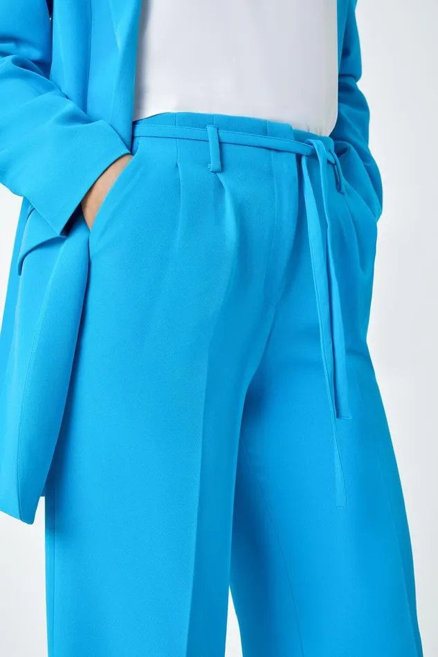 Turquoise Crepe Stretch Straight Leg Trousers Women Roman Occasionwear