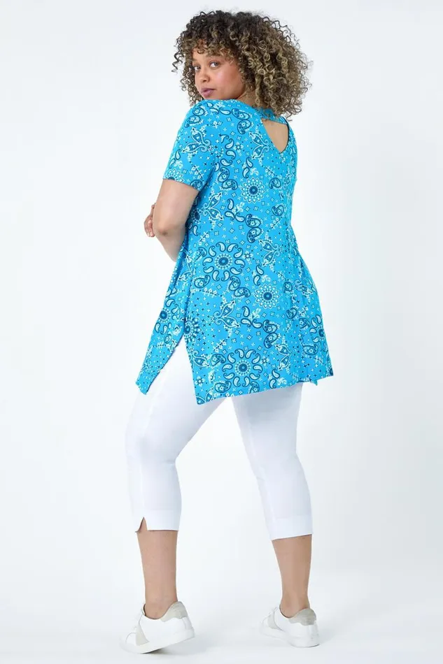 Turquoise Curve Paisley Back Bar Stretch Top Women Roman Tops