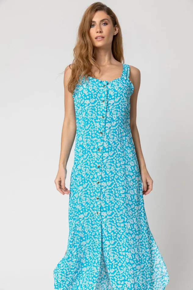 Turquoise Ditsy Floral Button Through Dress Women Roman Dresses