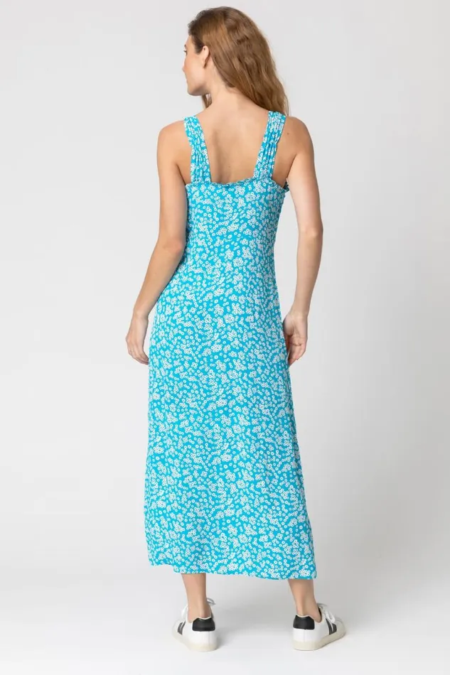 Turquoise Ditsy Floral Button Through Dress Women Roman Dresses