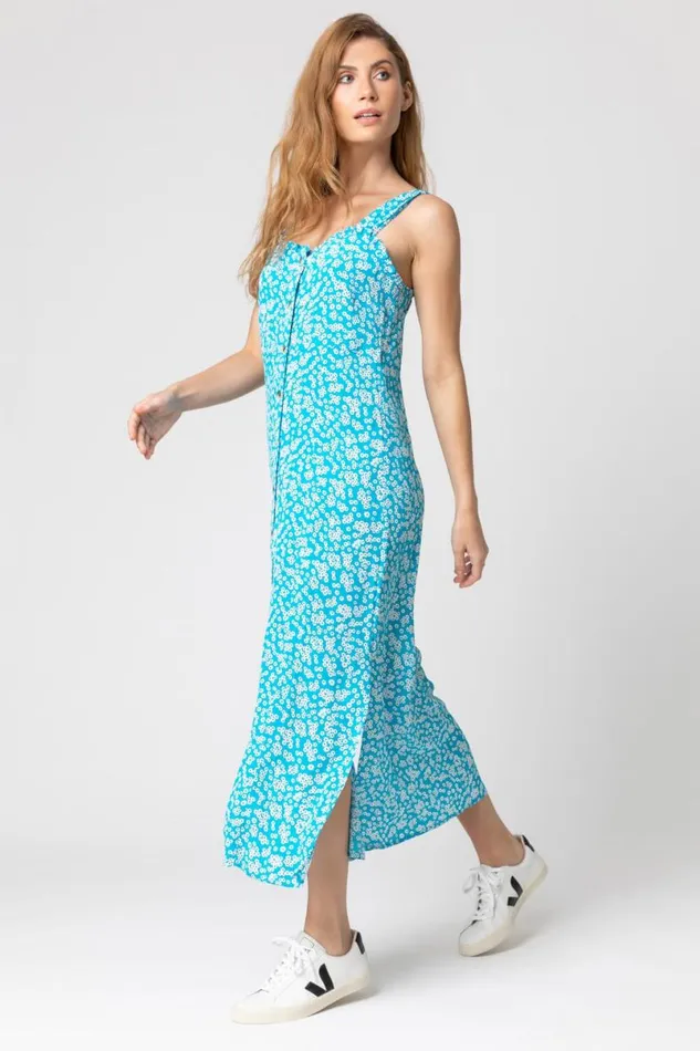 Turquoise Ditsy Floral Button Through Dress Women Roman Dresses