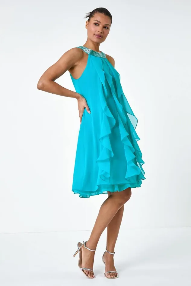 Turquoise Embellished Collar Frilled Chiffon Dress Women Roman Dresses