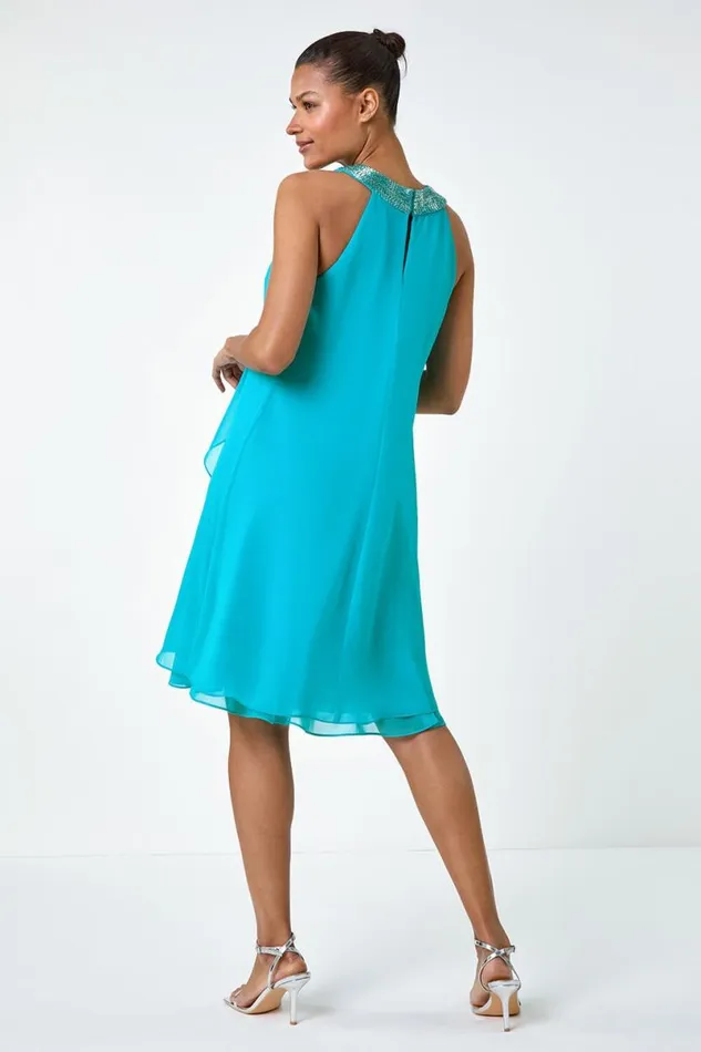 Turquoise Embellished Collar Frilled Chiffon Dress Women Roman Dresses