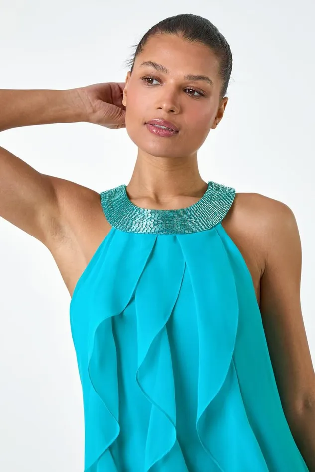 Turquoise Embellished Collar Frilled Chiffon Dress Women Roman Dresses