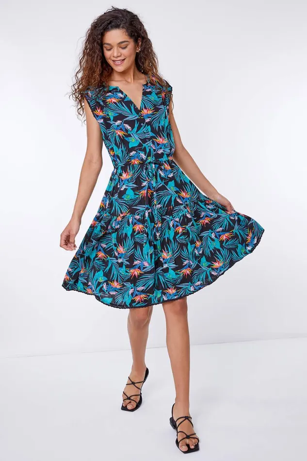 Turquoise Floral Print Tiered Woven Dress Women Roman Dresses