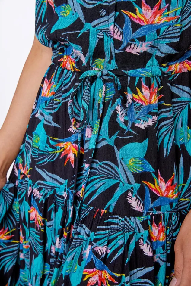 Turquoise Floral Print Tiered Woven Dress Women Roman Dresses