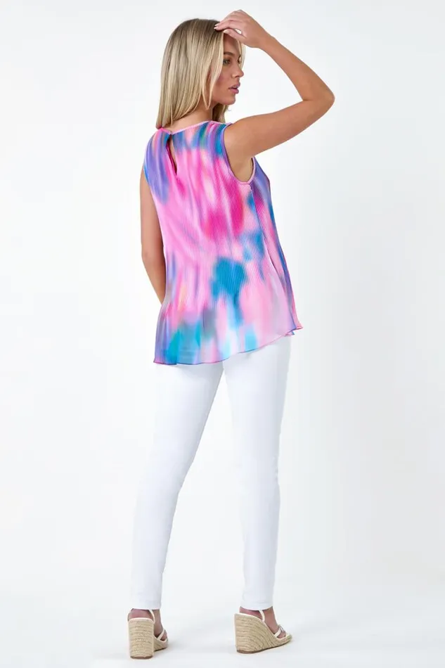 Turquoise Petite Abstract Pleated Vest Top Women Roman Tops