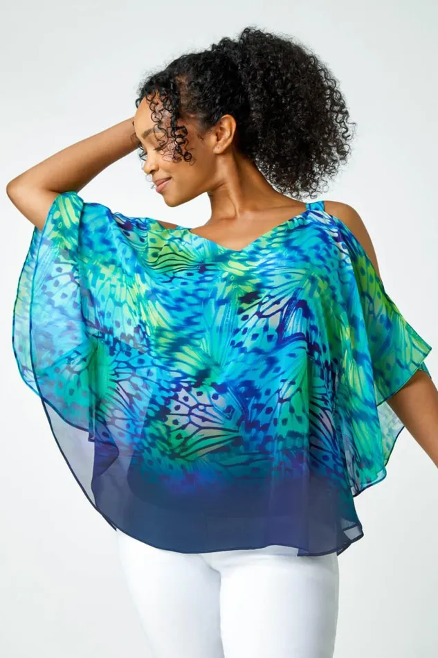 Turquoise Petite Butterfly VNeck Cold Shoulder Top Women Roman Tops