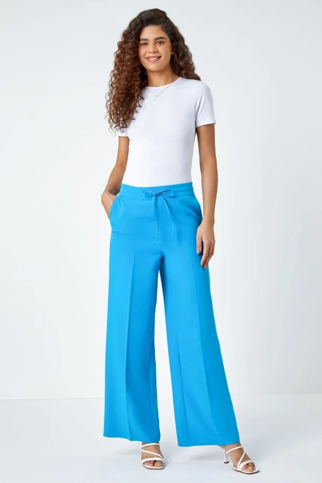 Turquoise Wide Leg Elastic Waist Tie Front Trouser Women Roman Occasionwear