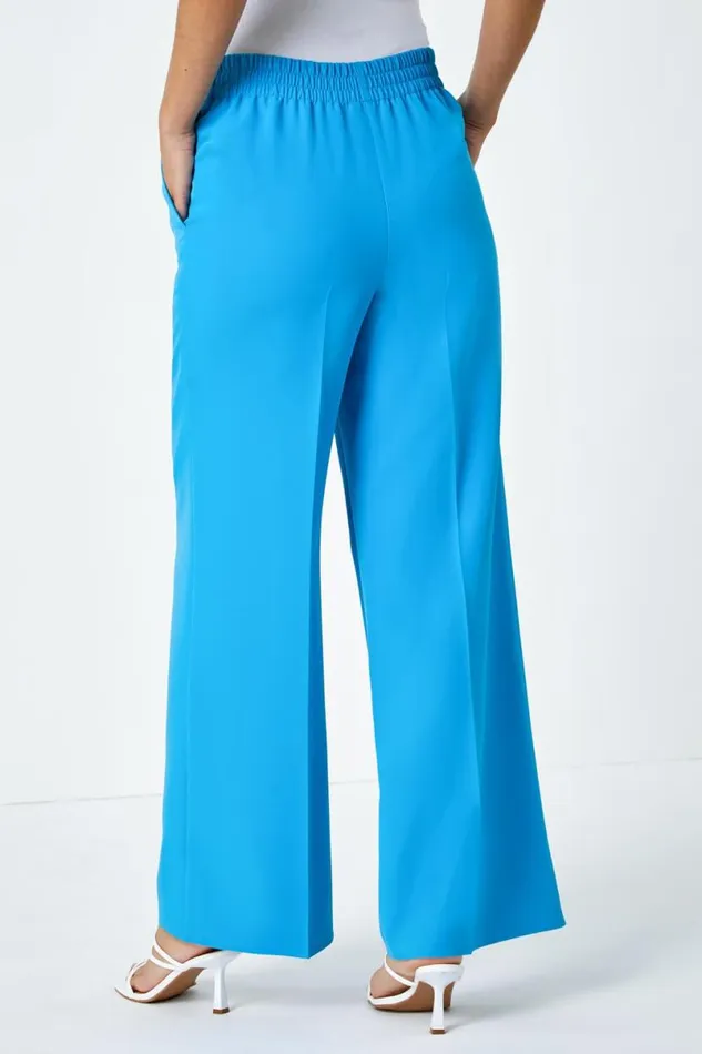 Turquoise Wide Leg Elastic Waist Tie Front Trouser Women Roman Occasionwear