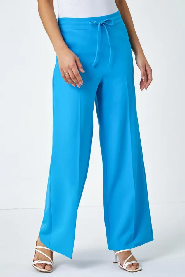 Turquoise Wide Leg Elastic Waist Tie Front Trouser Women Roman Occasionwear