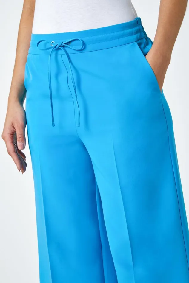 Turquoise Wide Leg Elastic Waist Tie Front Trouser Women Roman Occasionwear