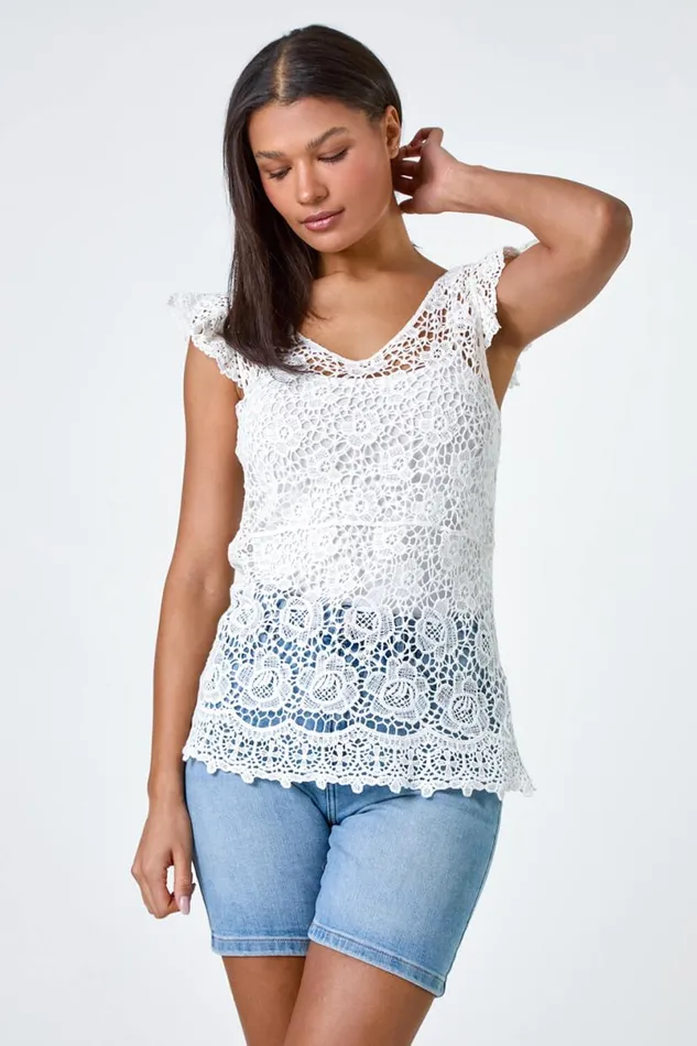 White Cotton Crochet Frill Sleeve Top Women Roman Tops