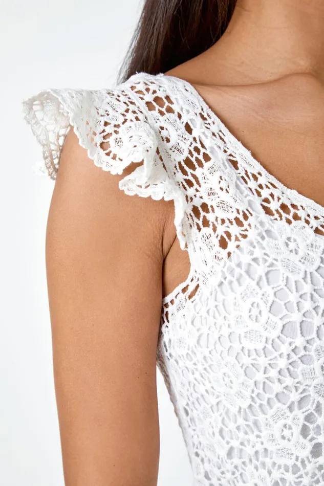 White Cotton Crochet Frill Sleeve Top Women Roman Tops