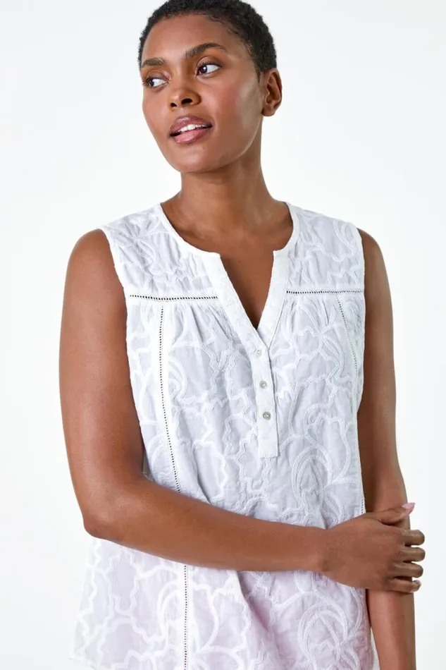 White Cotton Lace Floral Sleeveless Top Women Roman Tops