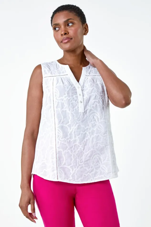 White Cotton Lace Floral Sleeveless Top Women Roman Tops