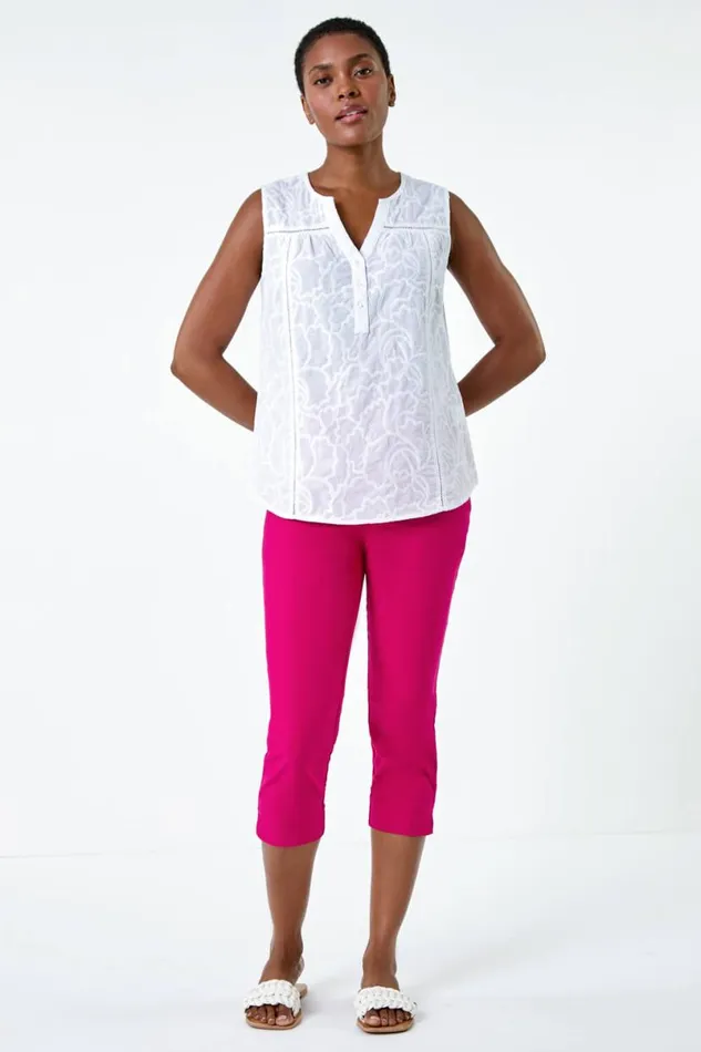 White Cotton Lace Floral Sleeveless Top Women Roman Tops
