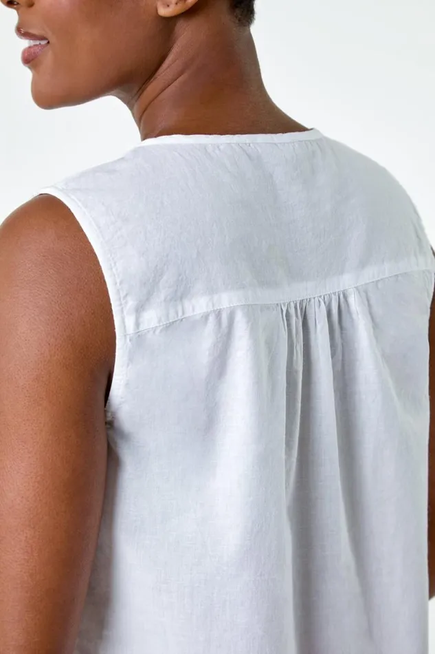 White Cotton Lace Floral Sleeveless Top Women Roman Tops