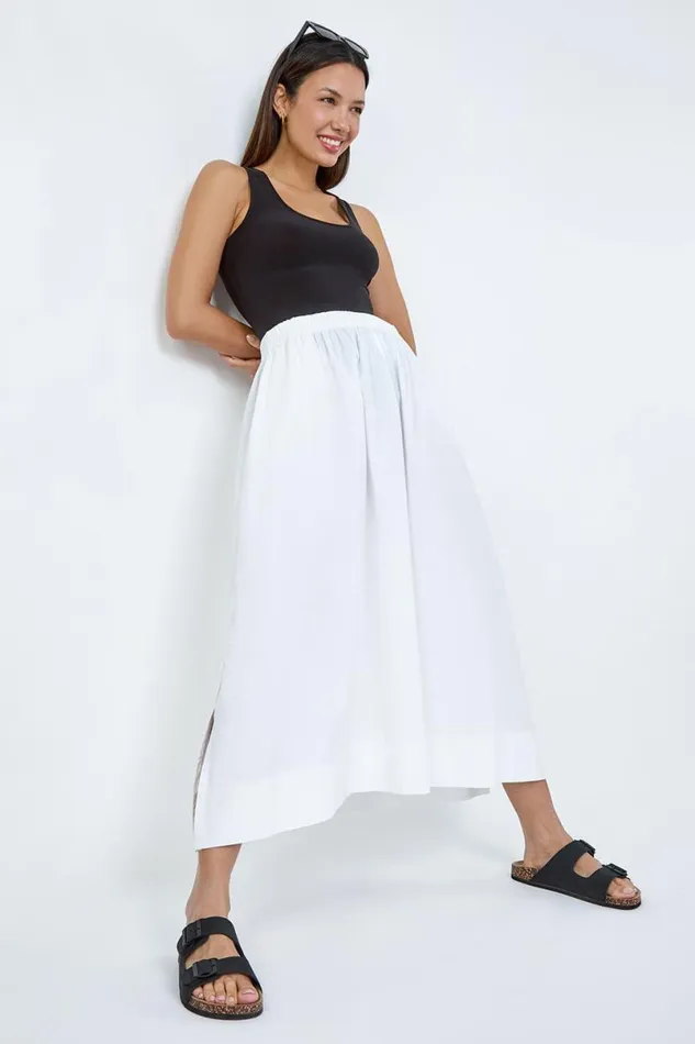 White Elastic Waist Cotton Poplin A Line Pocket Skirt Women Roman Skirts