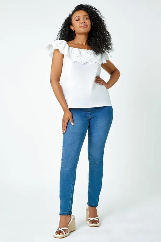 White Petite Embroidered Cotton Bardot Top Women Roman Tops