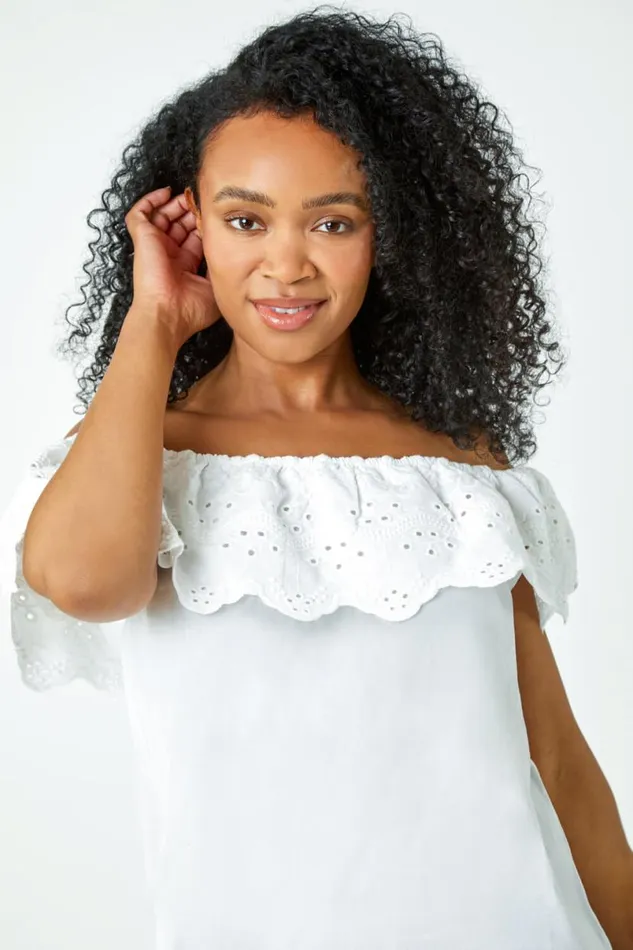 White Petite Embroidered Cotton Bardot Top Women Roman Tops