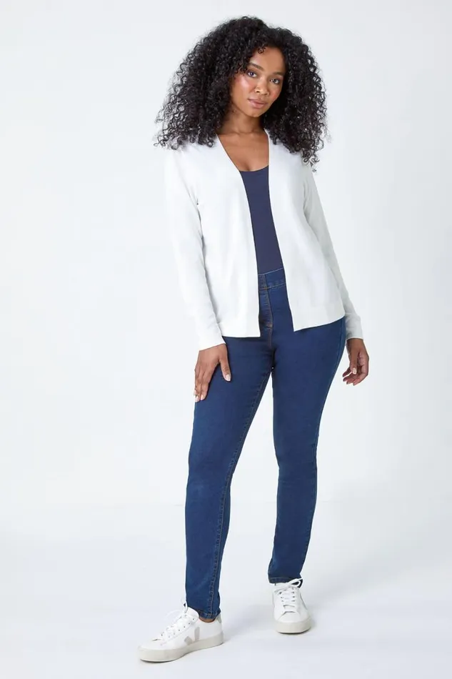 White Petite Plain Stretch Cardigan Women Roman Knitwear
