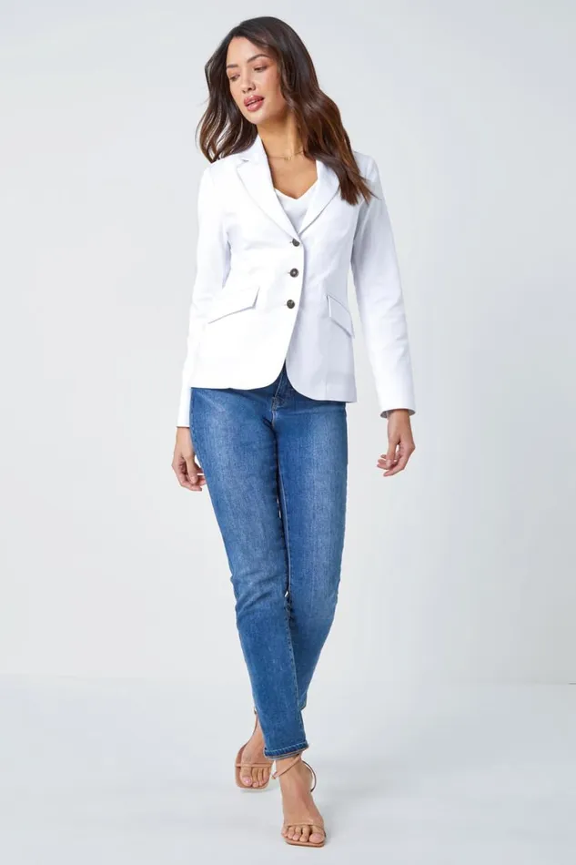 White Stretch Button Detail Blazer Women Roman Occasionwear