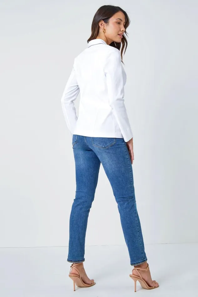 White Stretch Button Detail Blazer Women Roman Occasionwear