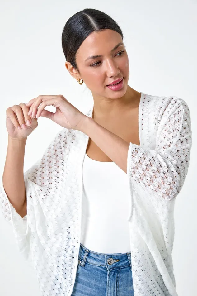 White Textured Knit Cardigan Cover Up Women Roman Knitwear