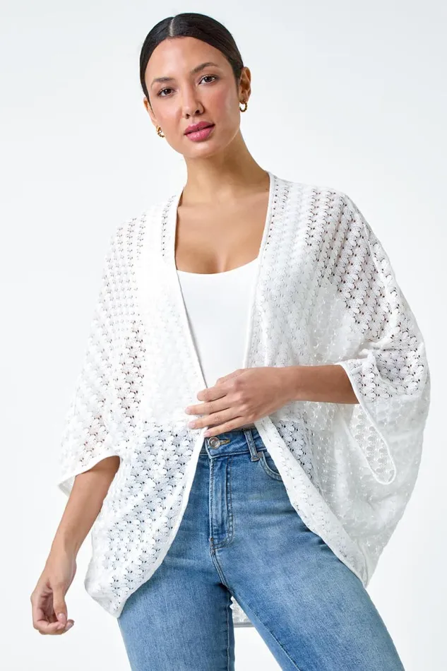 White Textured Knit Cardigan Cover Up Women Roman Knitwear