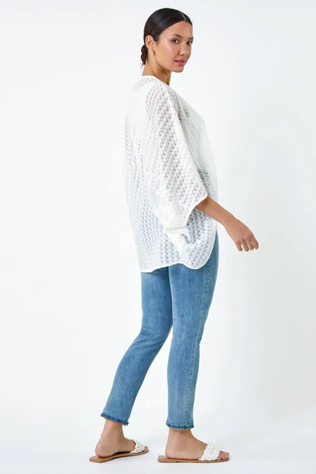 White Textured Knit Cardigan Cover Up Women Roman Knitwear