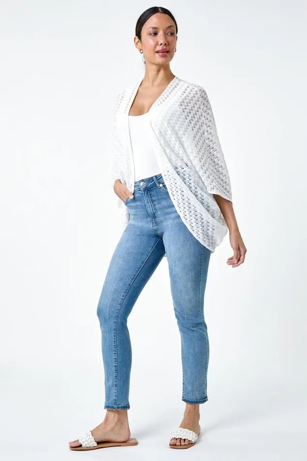 White Textured Knit Cardigan Cover Up Women Roman Knitwear