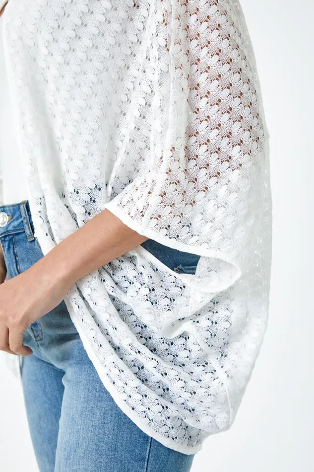 White Textured Knit Cardigan Cover Up Women Roman Knitwear