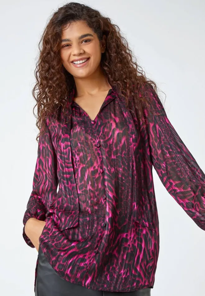 Wine Animal Print Tie Neck Chiffon Top Women Roman Tops